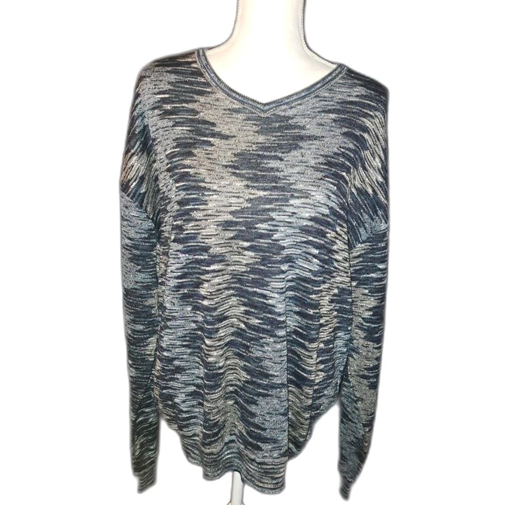 Jhane Barnes Sweater 100% Silk Mens Multicolor Pullover V neck XL Blk-Blue-Slate